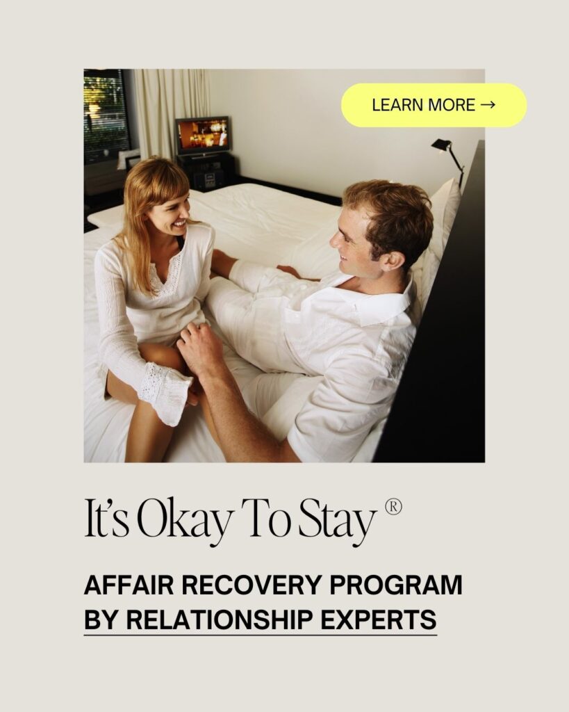 A photo of couple sitting on their bed and smiling at each other representing their healing with affair recovery coaching program by Relationship Experts. 