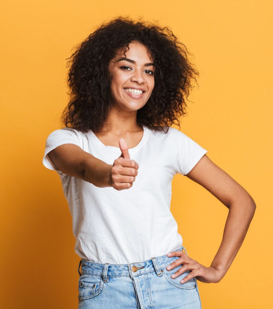 Woman signaling thumbs up. Asking the right questions with the right perspective can make all the difference and help you feel better about healing from betrayal trauma. Schedule a free consultation today. 