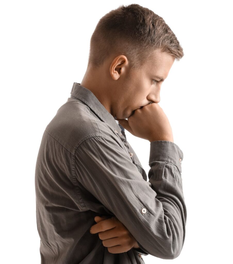 A man with his fist in front of his mouth, contemplating how to express remorse and apologize for cheating to his spouse. Relationship Experts Online supports couples in their journey to heal after infidelity in Ohio, California, North Carolina, New York, Texas, Florida, and Colorado in the United States, as well as in Canada, Australia, the UK, and globally.