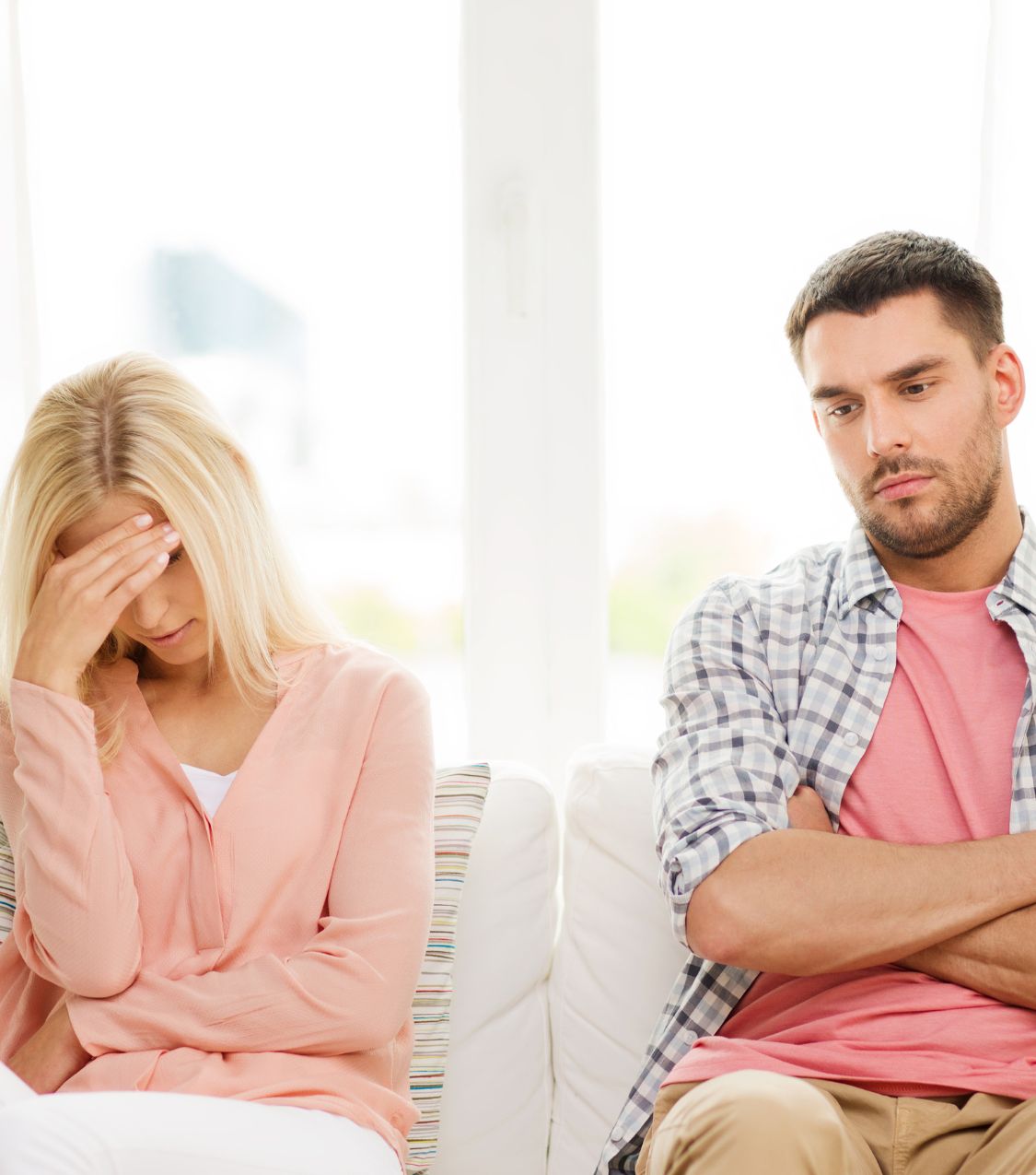 A woman sits next to a man, her hand on her forehead, symbolizing lost truth & honesty after the affair. Relationship Experts can assist. Schedule a consultation today. Serving couples globally, including California, North Carolina, Florida, Colorado, New York, Ohio in the USA, Canada, and the United Kingdom.