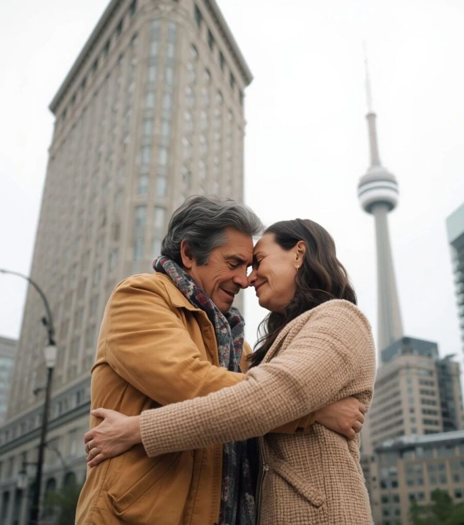 A couple in their late 40s embracing tenderly in front of the Gooderham Building and CN Tower in Toronto, Canada. A powerful image of hope for couples asking: can couples heal after infidelity? A structured approach to marriage recovery is helping couples in Canada, the USA, and the UK rebuild trust after betrayal. If you're ready to stop wondering what stops couples from healing after infidelity, schedule your consultation with Relationship Experts Online today.