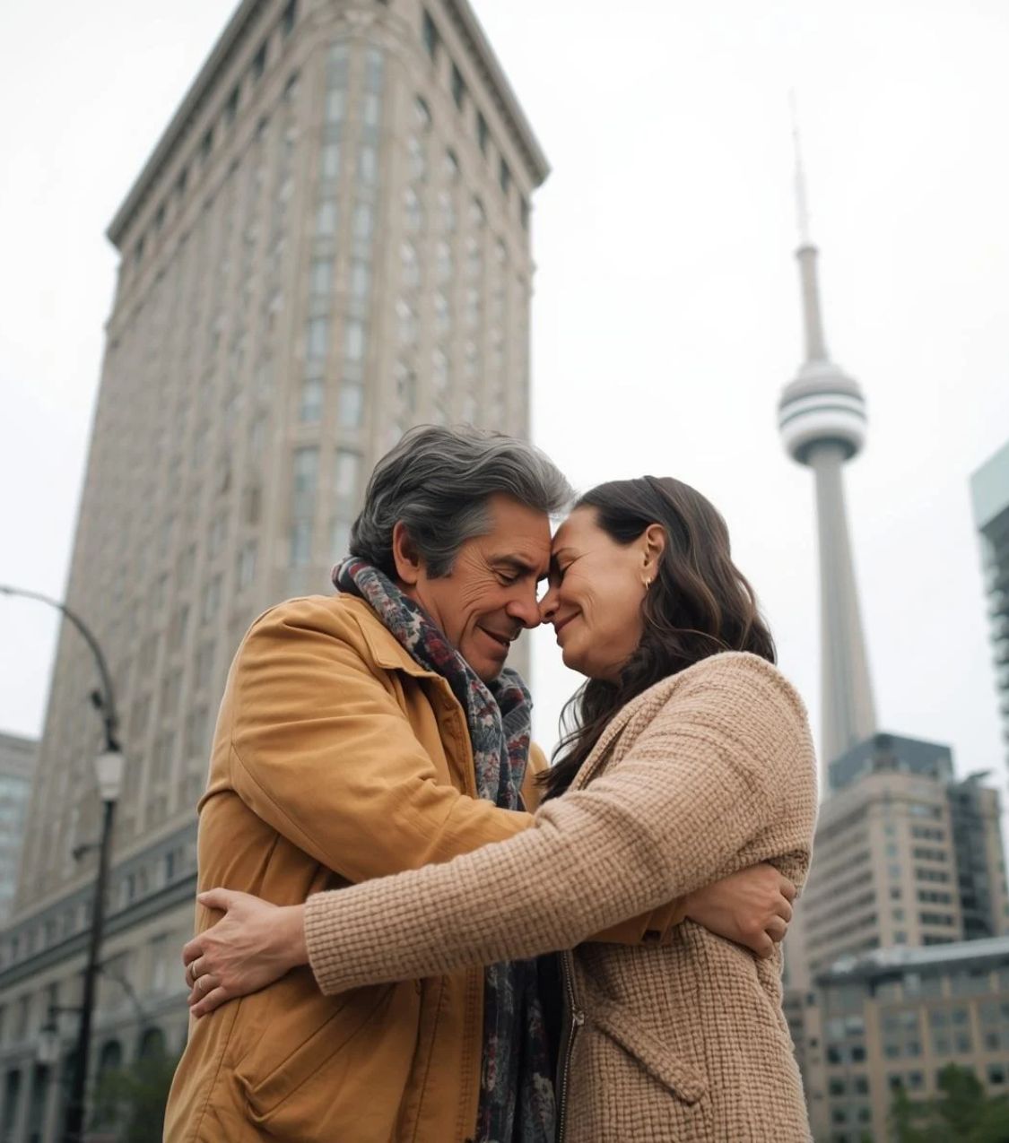 A couple in their late 40s embracing tenderly in front of the Gooderham Building and CN Tower in Toronto, Canada. A powerful image of hope for couples asking: can couples heal after infidelity? A structured approach to marriage recovery is helping couples in Canada, the USA, and the UK rebuild trust after betrayal. If you're ready to stop wondering what stops couples from healing after infidelity, schedule your consultation with Relationship Experts Online today.