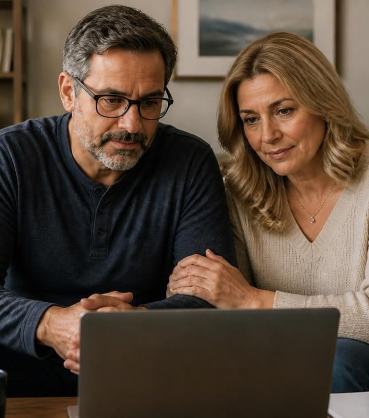 A middle-aged couple sits side by side, looking attentively at a laptop. She has her hand resting on his forearm. EMDR in couples therapy with an infidelity specialist can help partners heal betrayal trauma after an affair together, with online sessions for couples in Scotland, Dubai, and Doha. Explore our It's Okay to Stay program to see if it fits your relationship.